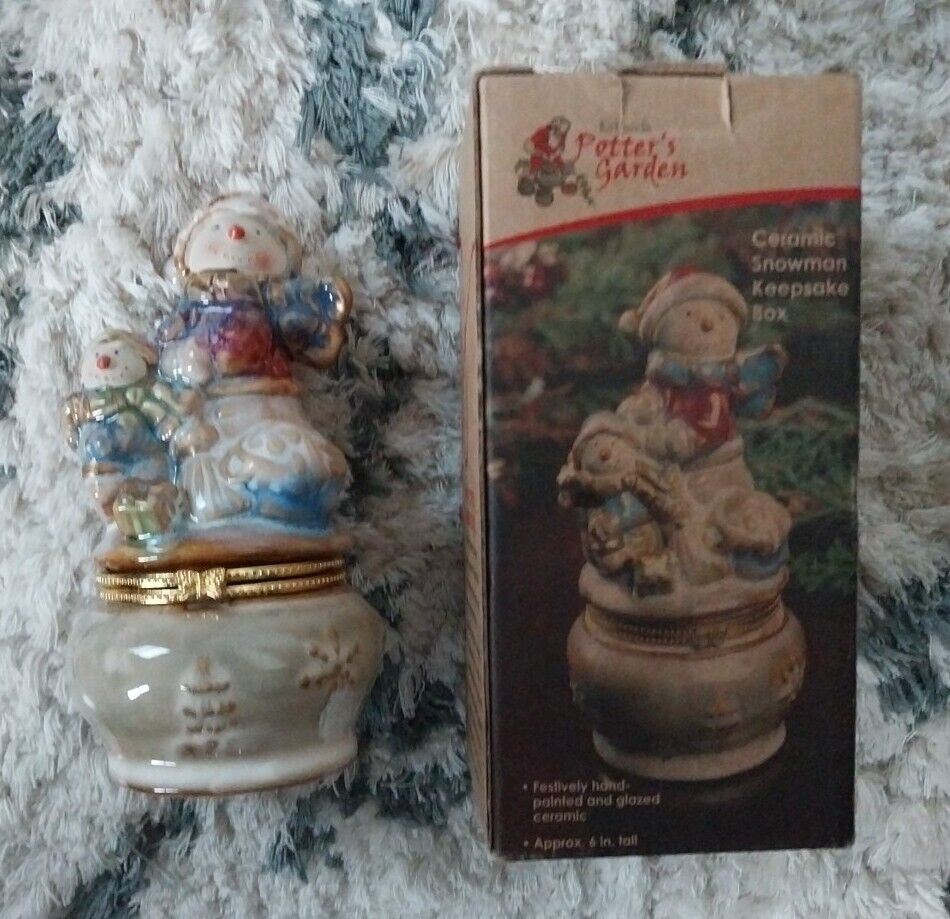 NIB Vintage Kirklands Potters Garden Snowman Keepsake Trinket Box Hand Painted