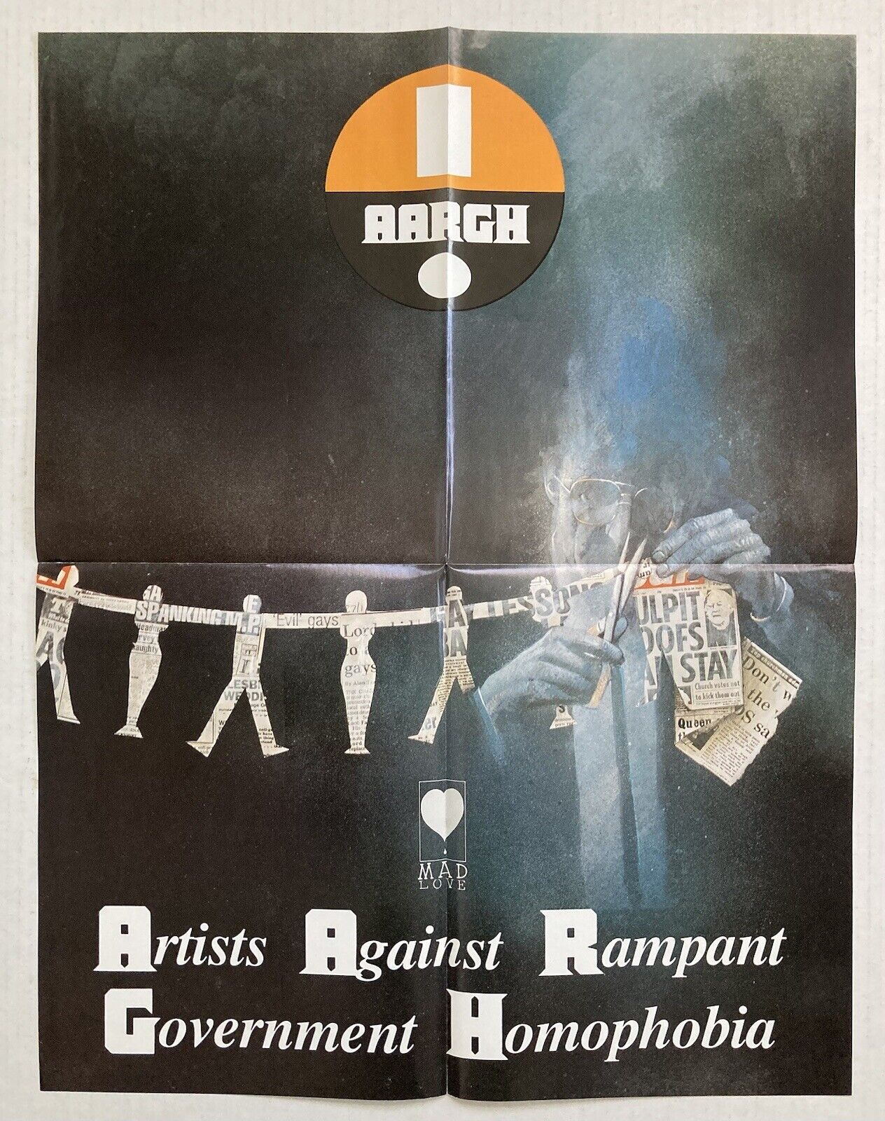 ARTISTS AGAINST RAMPANT GOVERNMENT HOMOPHOBIA POSTER AARGH MAD LOVE VTG 80S LGBT