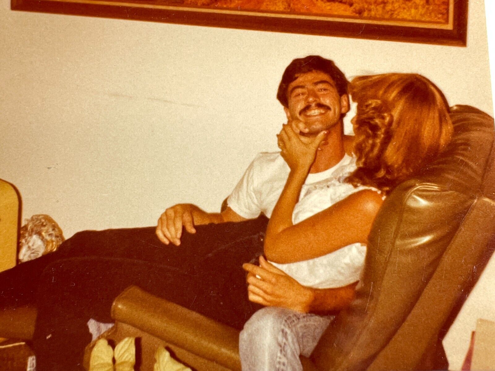 GE Photo Cute Couple Smile Recliner Chair 1970's Pretty Mystery Woman Handsome 