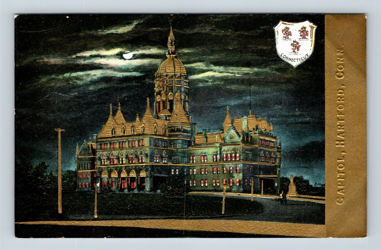 Hartford CT, State Capitol, Gold Embossed, Seal Connecticut Vintage Postcard
