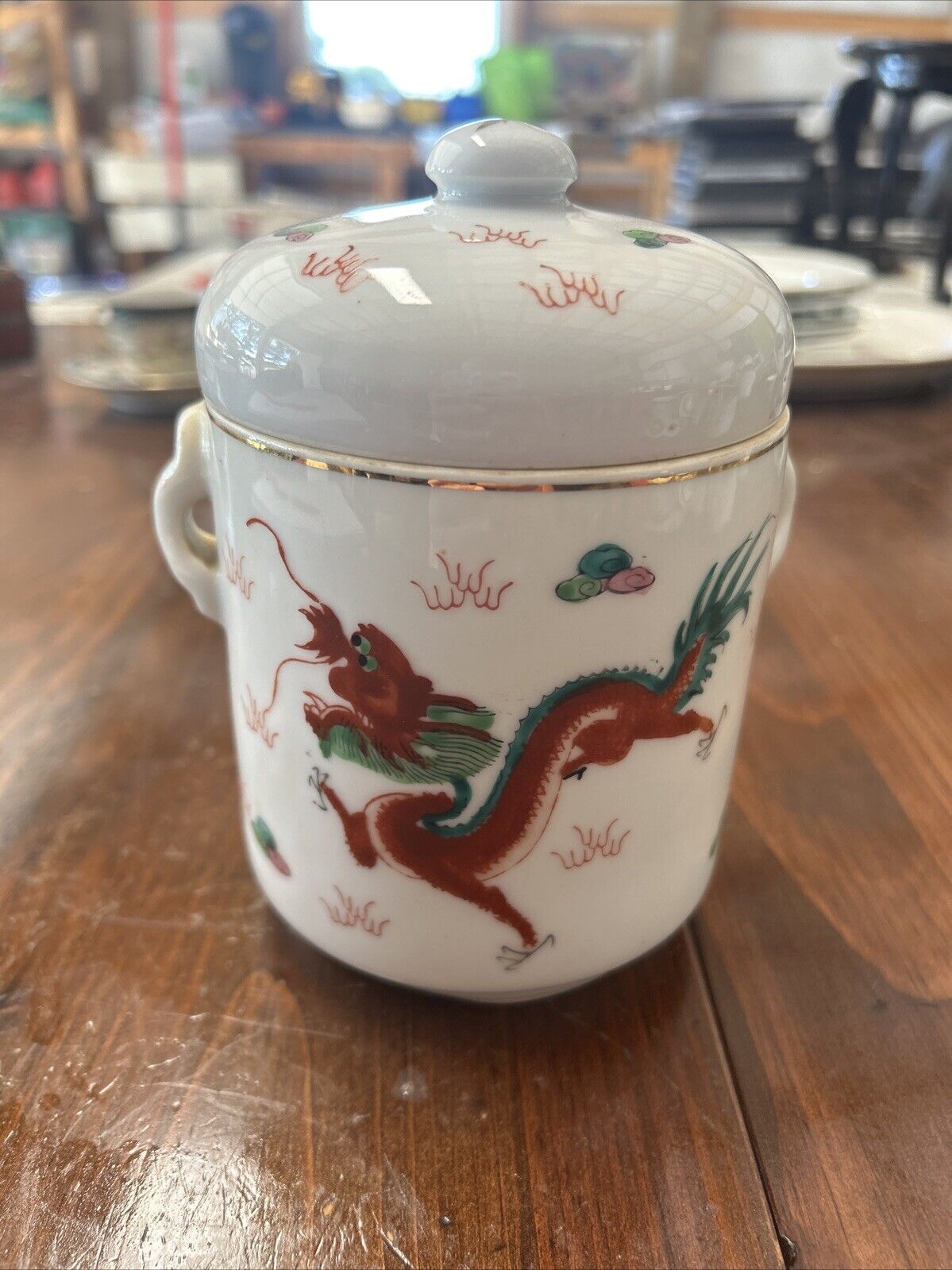 Vintage Chinese Red Dragon Tea Caddy, Ginger Jar.