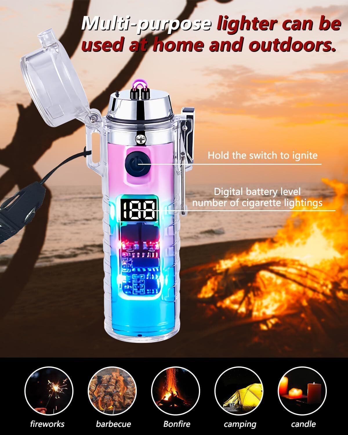 Electric Lighter Waterproof Plasma Lighter Arc Cool Lighter with LED