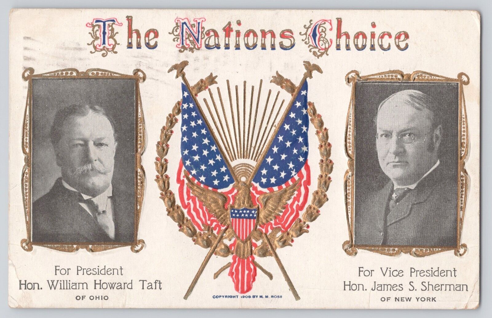 Postcard Our Nations Choice President Taft & Sherman Flag Patriotic Antique