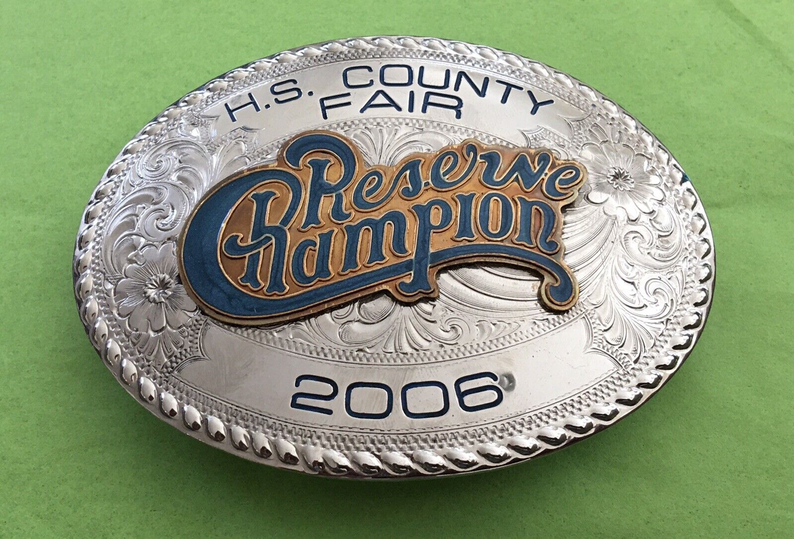 VINTAGE 2006 AMERICAN FAIR RODEO COWBOY CHAMPION WAGES SILVER TROPHY BELT BUCKLE