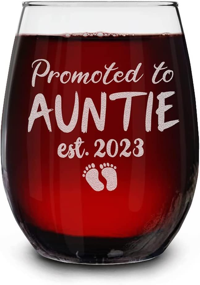 shop4ever® Promoted To Auntie Est 2023 Engraved Stemless Wine Glass Clear 