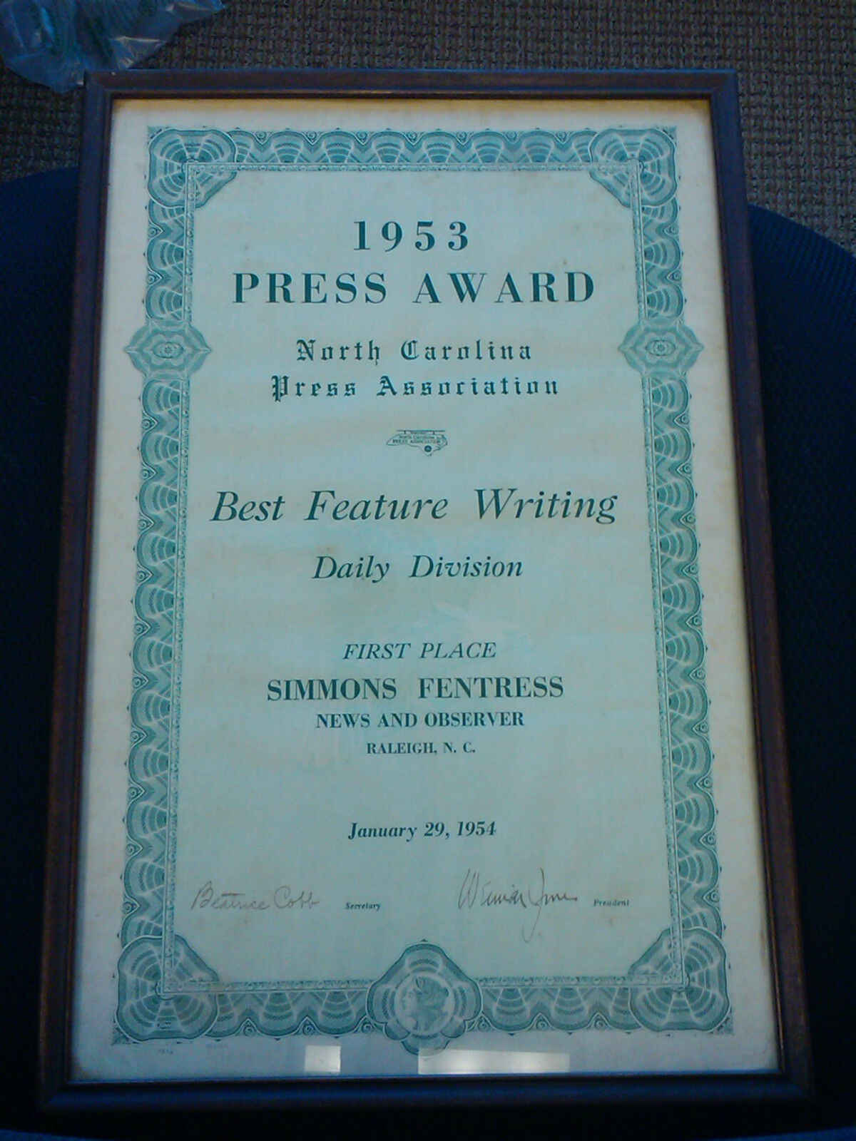 1953 North Carolina Press Award for well known journalist Simmons Fentress