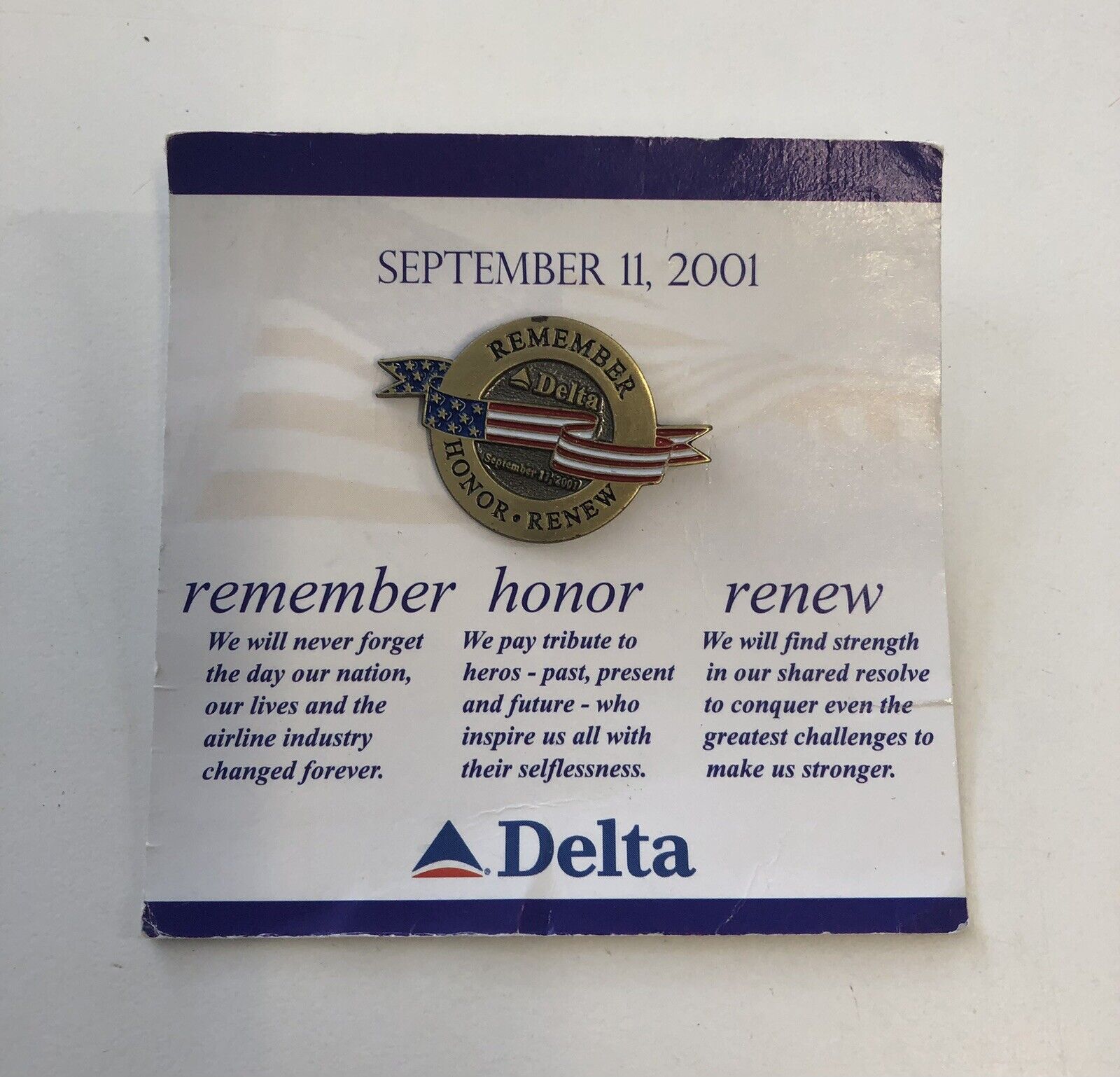 DELTA AIR LINES “9/11 Remember Honor Renew” Commemorative Pin On Original Card