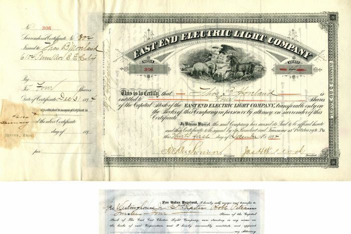 East End Electric Light Co. Transferred to Geo. Westinghouse, Jr. - Stock Certif
