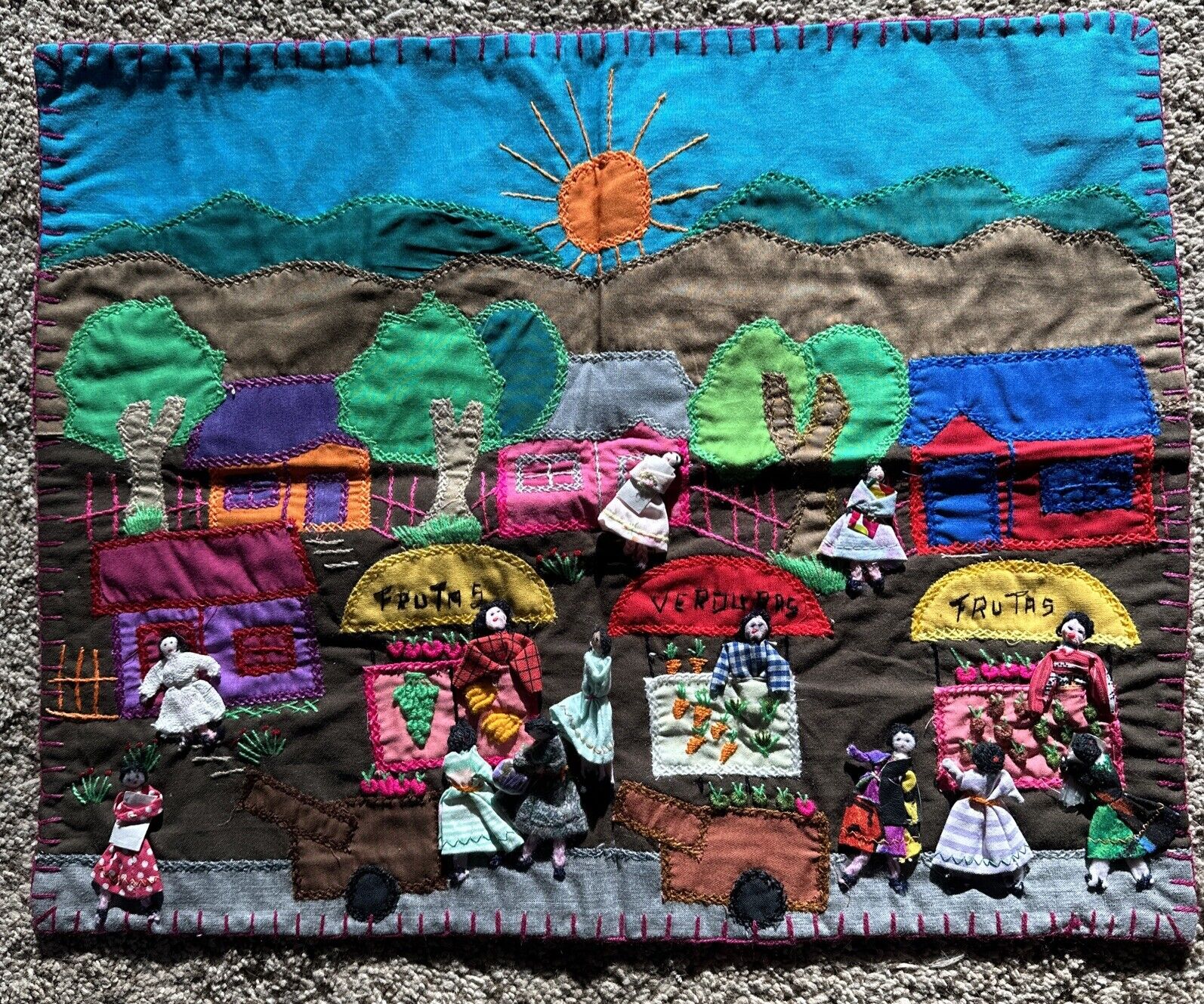 Peruvian Textile Folk Art Applique 3D Market Scene 19”x15”