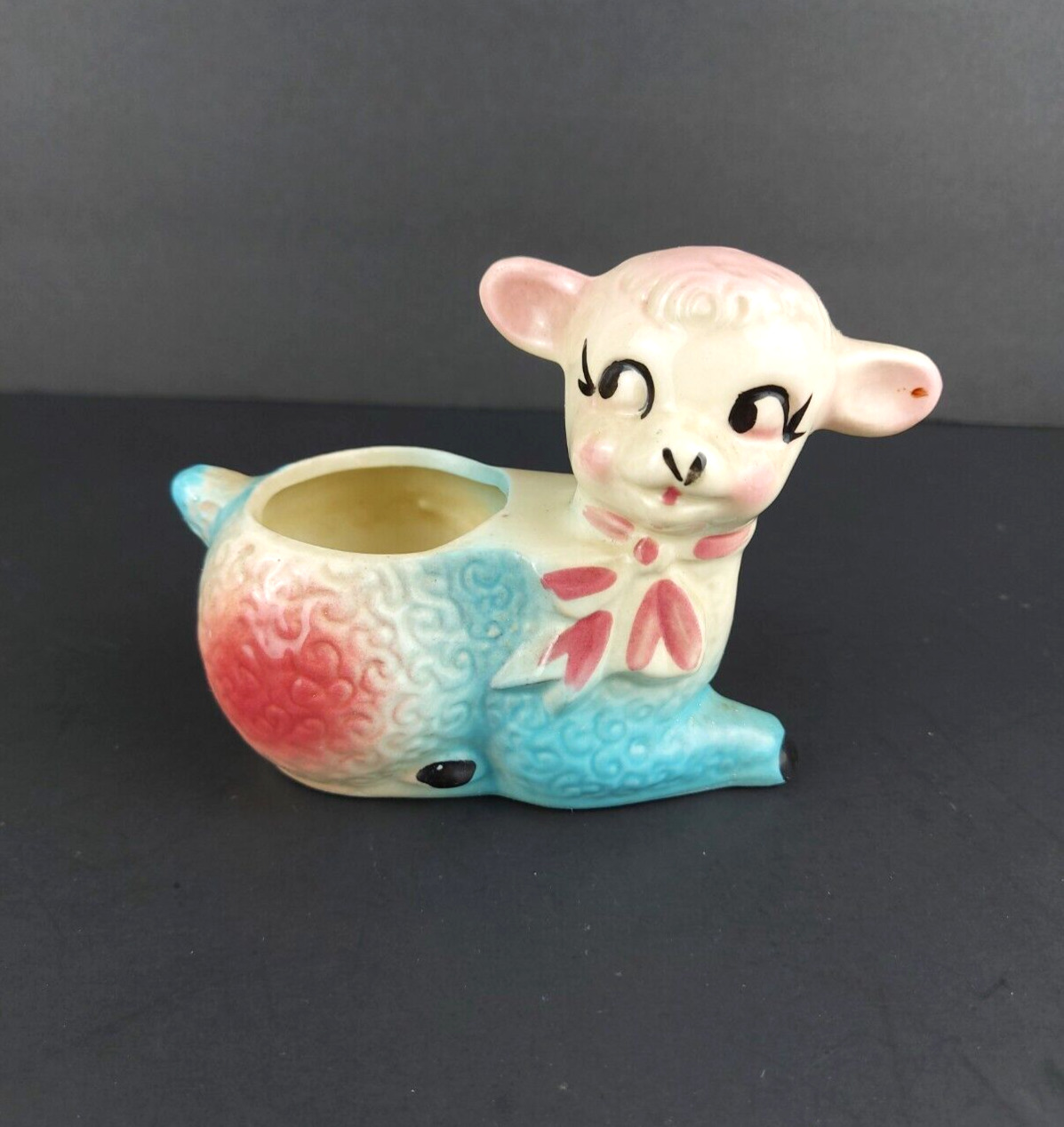 Vintage Shawnee Lamb With Bow Pottery Planter Blue  & Pink Springtime Easter