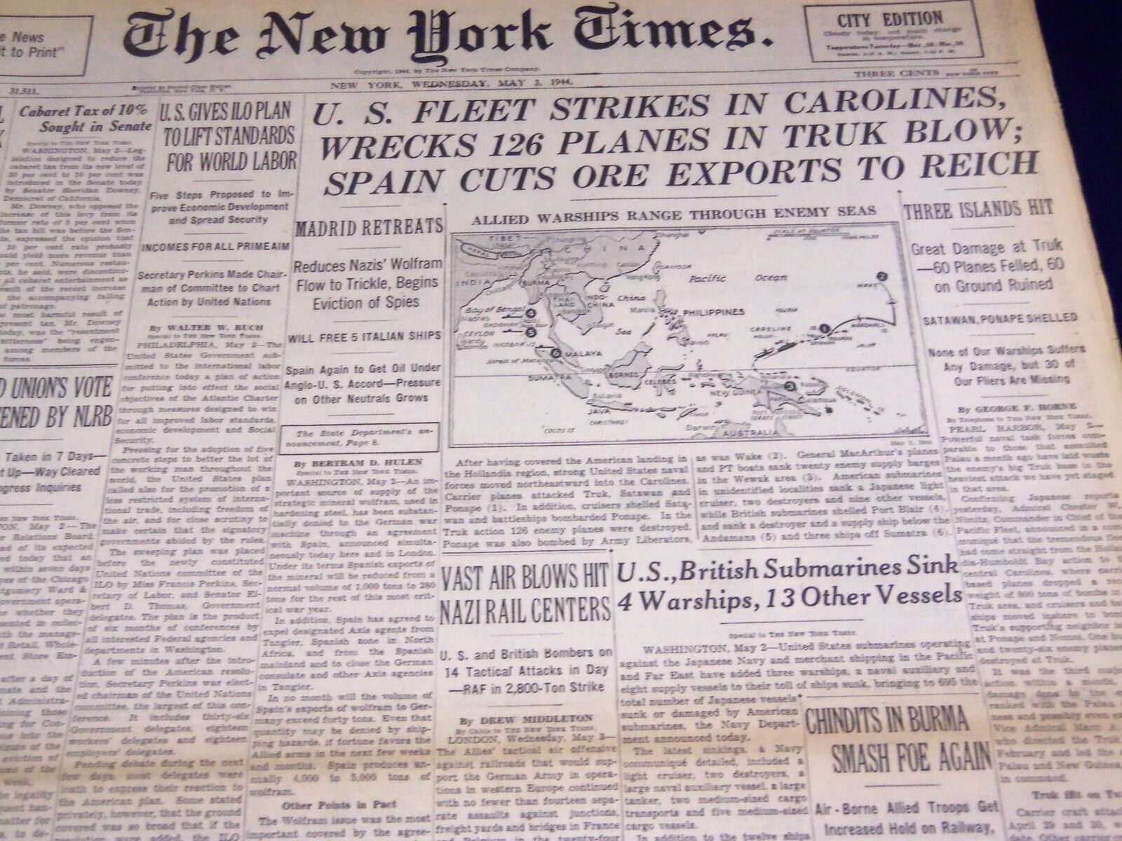1944 MAY 3 NEW YORK TIMES - U. S. FLEET WRECKS 126 PLANES - NT 2599