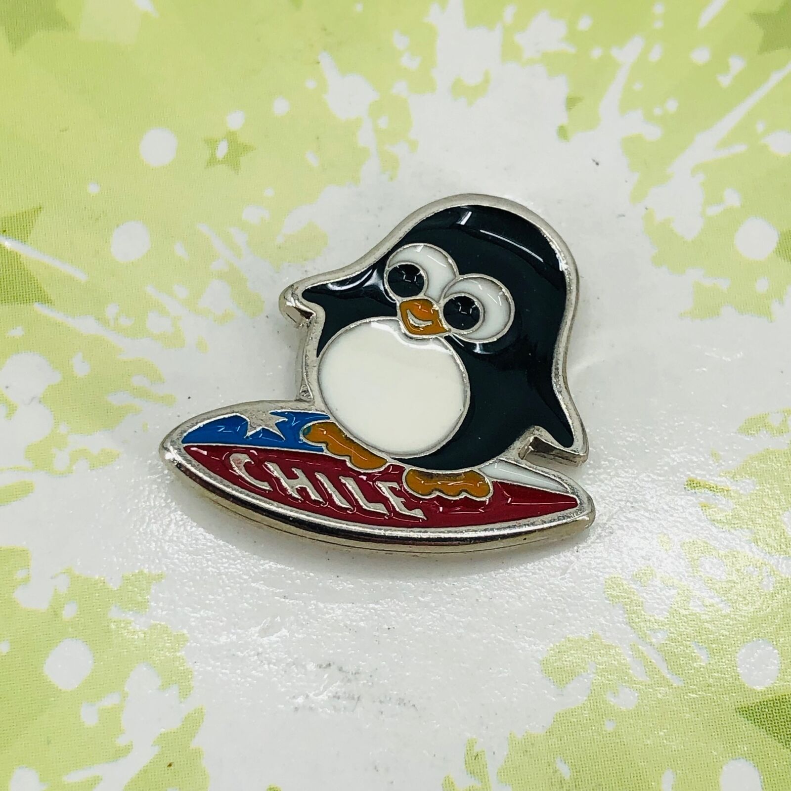Surfing Penguin Chile Souvenir Enamel Lapel Pin on Card