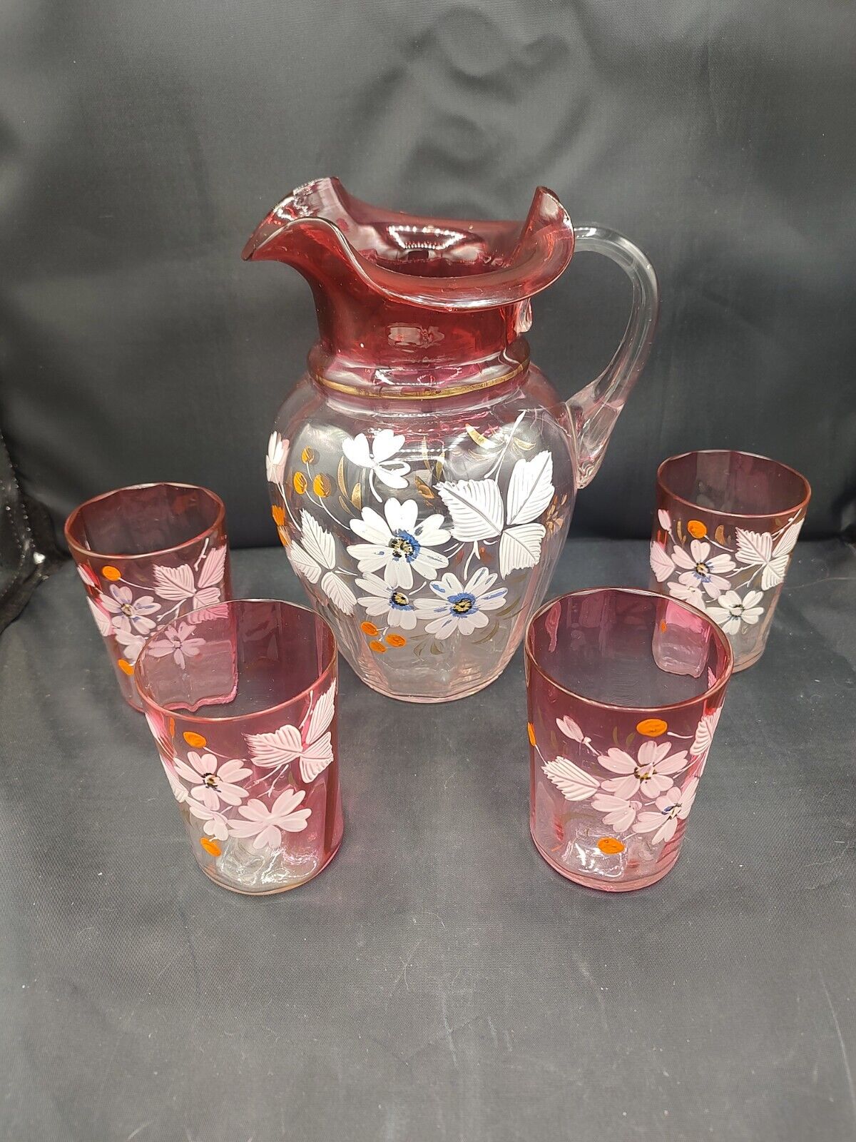 Antique Cranberry Hand Painted Pitcher And Tumblers Set