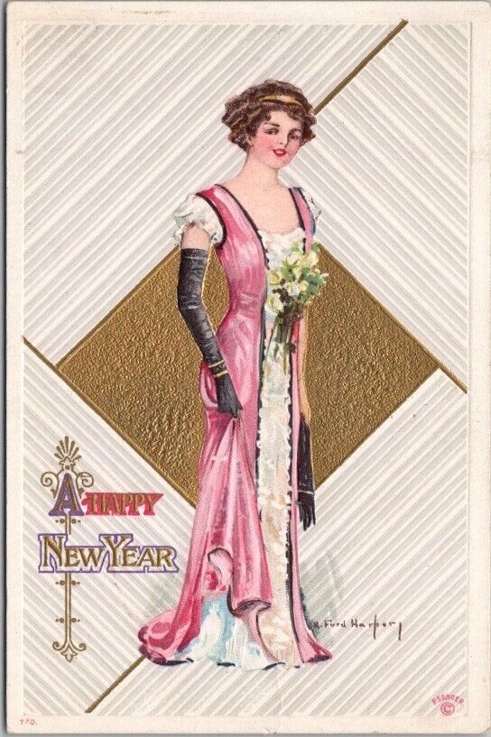 c1910s HAPPY NEW YEAR Embossed Postcard Glamour Fashion / Artist R. FORD HARPER