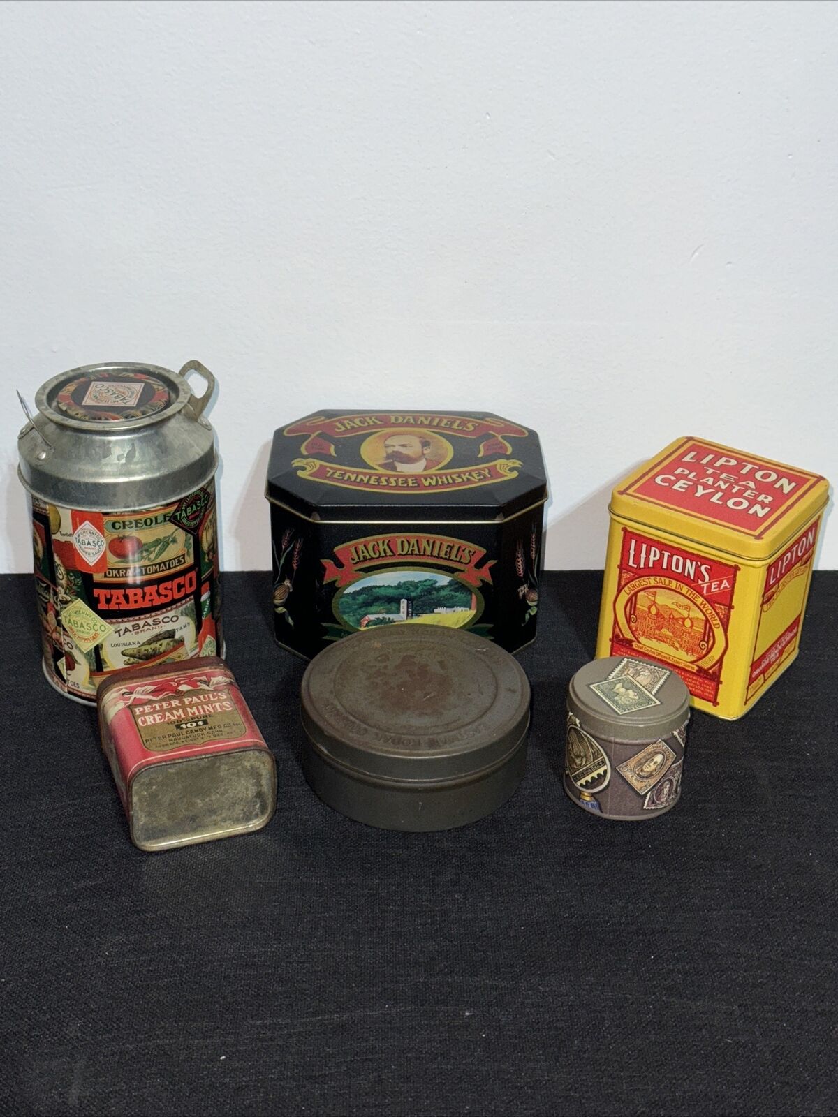 Lot 6 Vintage Metal Tins Boxes Containers - Tea Film Mints Tabasco Jack Daniels