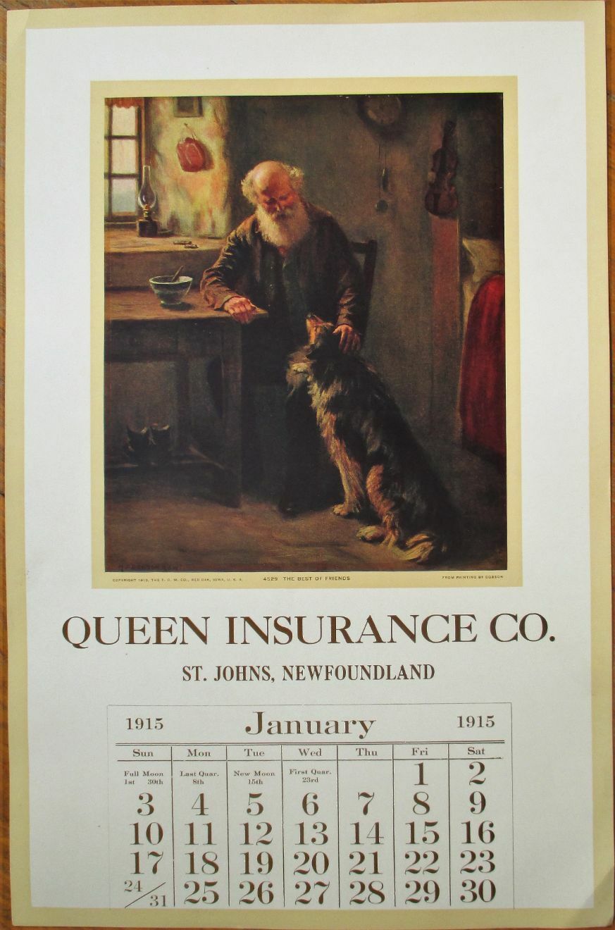 St. Johns, Newfoundland, Canada 1915 Advertising Calendar/Poster w/Dog-Insurance