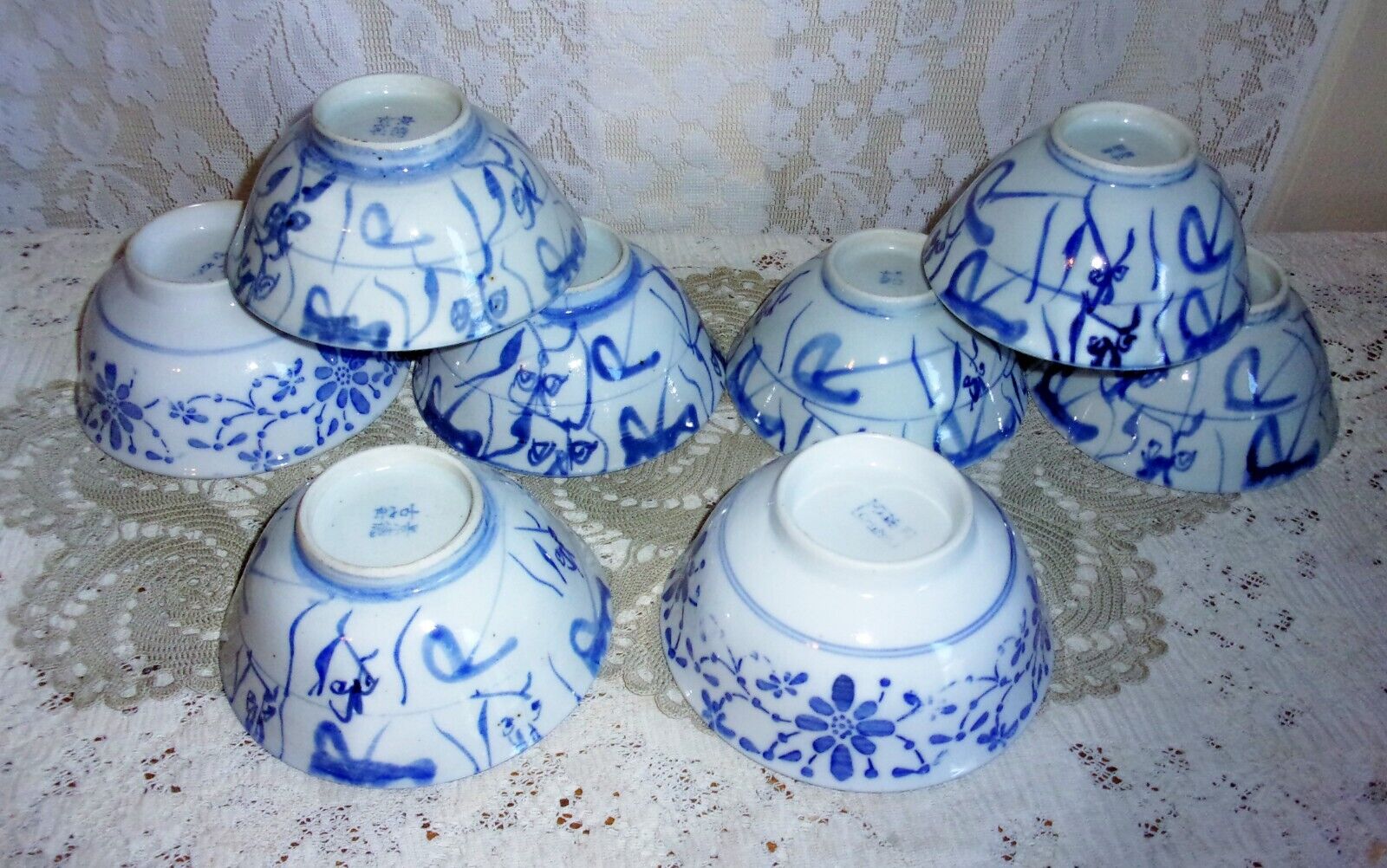 EIGHT Vintage Hand Painted Blue and White Chinese Rice Bowls