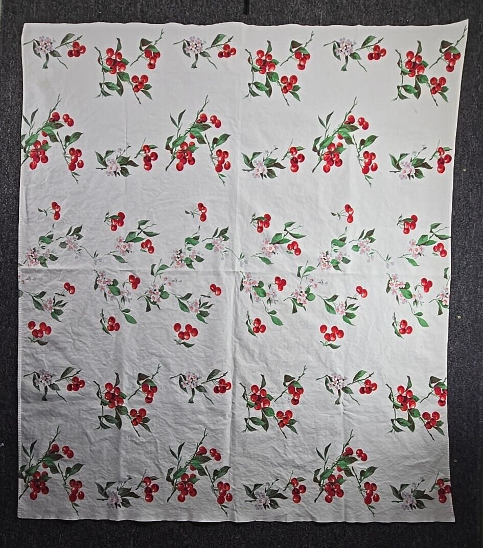 Vintage 50s Tablecloth 53x46 Cherries Cherry Blossom Farmhouse Country Red White