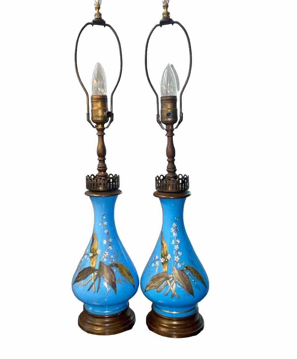 Pair of French Victorian Blue Opaline Table Lamps Hand Painted Floral