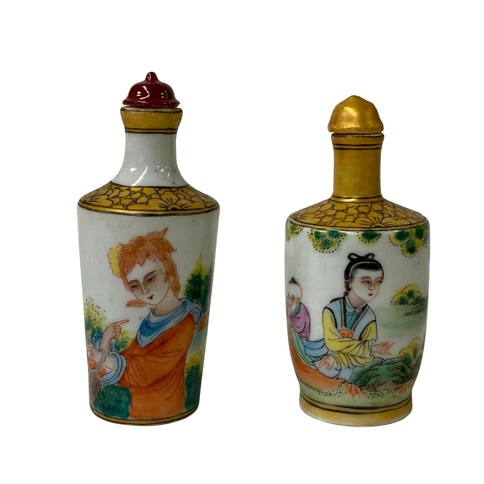2 x Chinese Porcelain Snuff Bottle Flowers Ladies Graphic ws1254