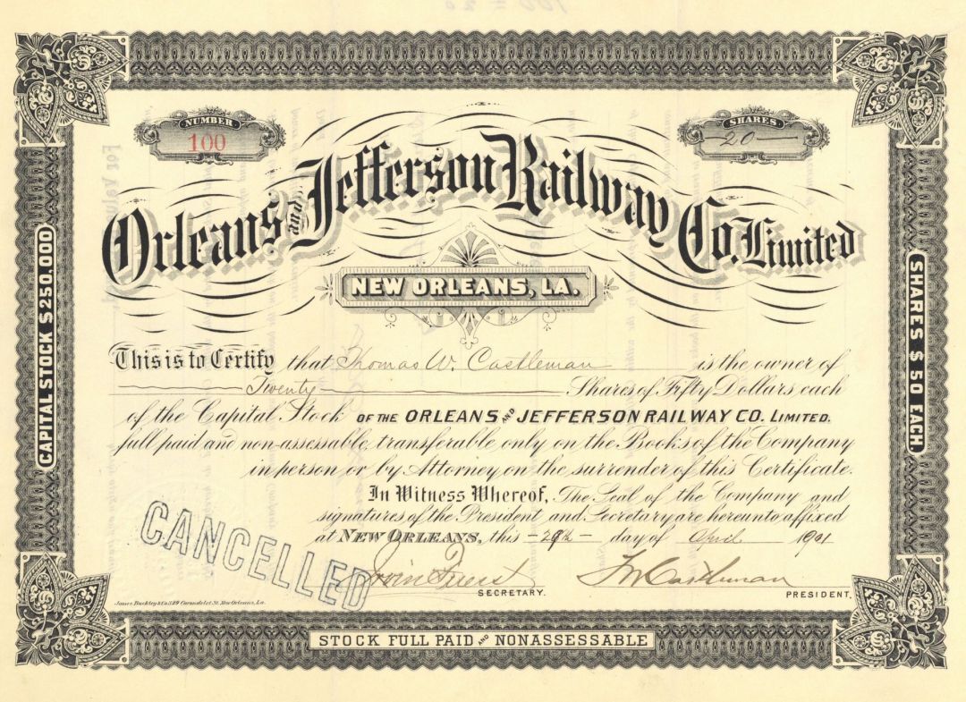 Orleans and Jefferson Railway Co. - 1901 dated Louisiana Railroad Stock Certific