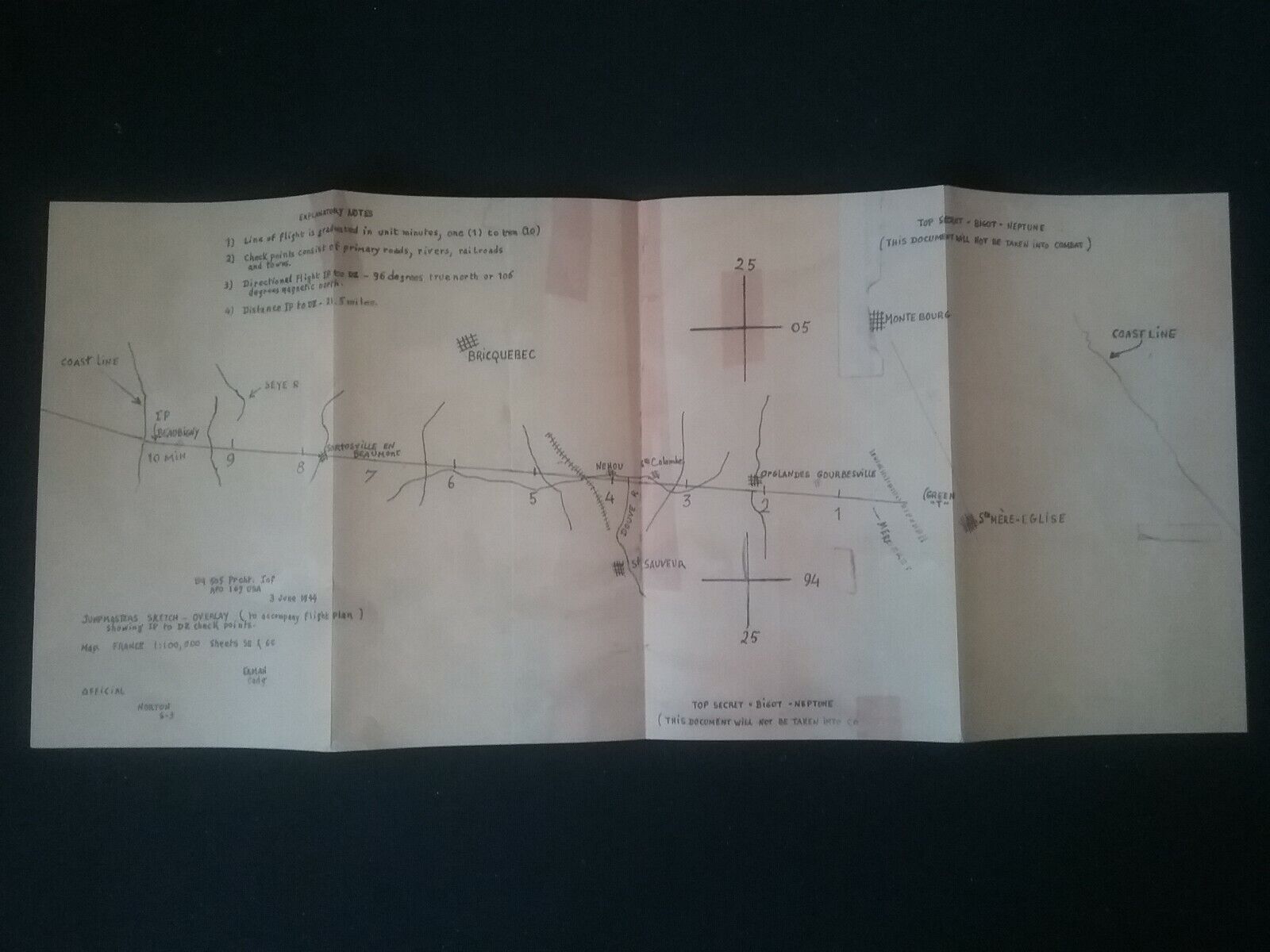 D-DAY TOP SECRET HAND DRAWN MAP ,DROP ZONE WEST OF STE-MERE-EGLISE 82ND AIRBORNE