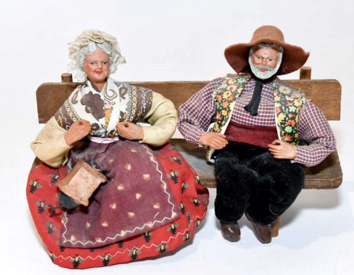Vtg Santon De Aubagne Clay Dolls Man & Woman On A Bench | 8.5” Vintage Folk Art