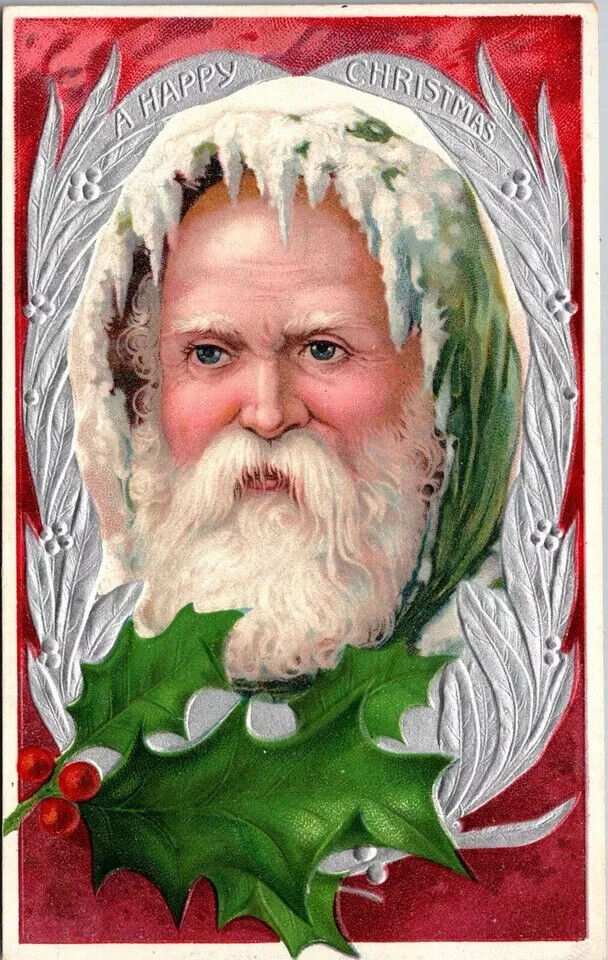 Rare~Full Face ~Santa Claus with Holly ~Antique Embossed~Christmas Postcard~k482