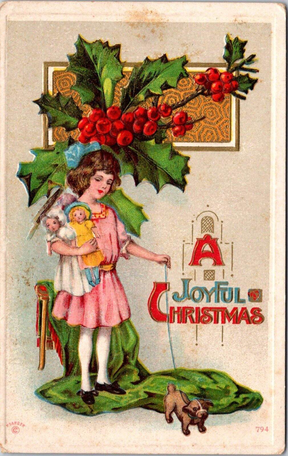Christmas Girl Holding Dolls Puppy Dog Pink Dress c1915 Embossed postcard P1