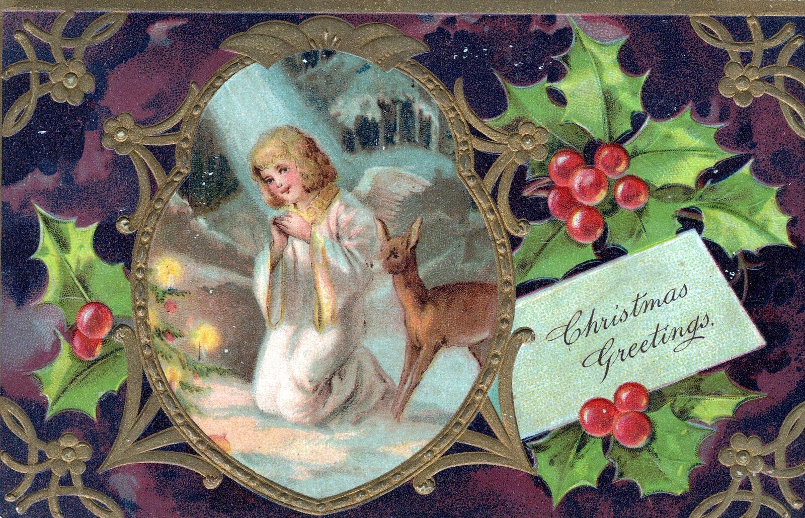 CHRISTMAS - Kneeling Angel And Deer Christmas Greetings PFB Postcard - 1910