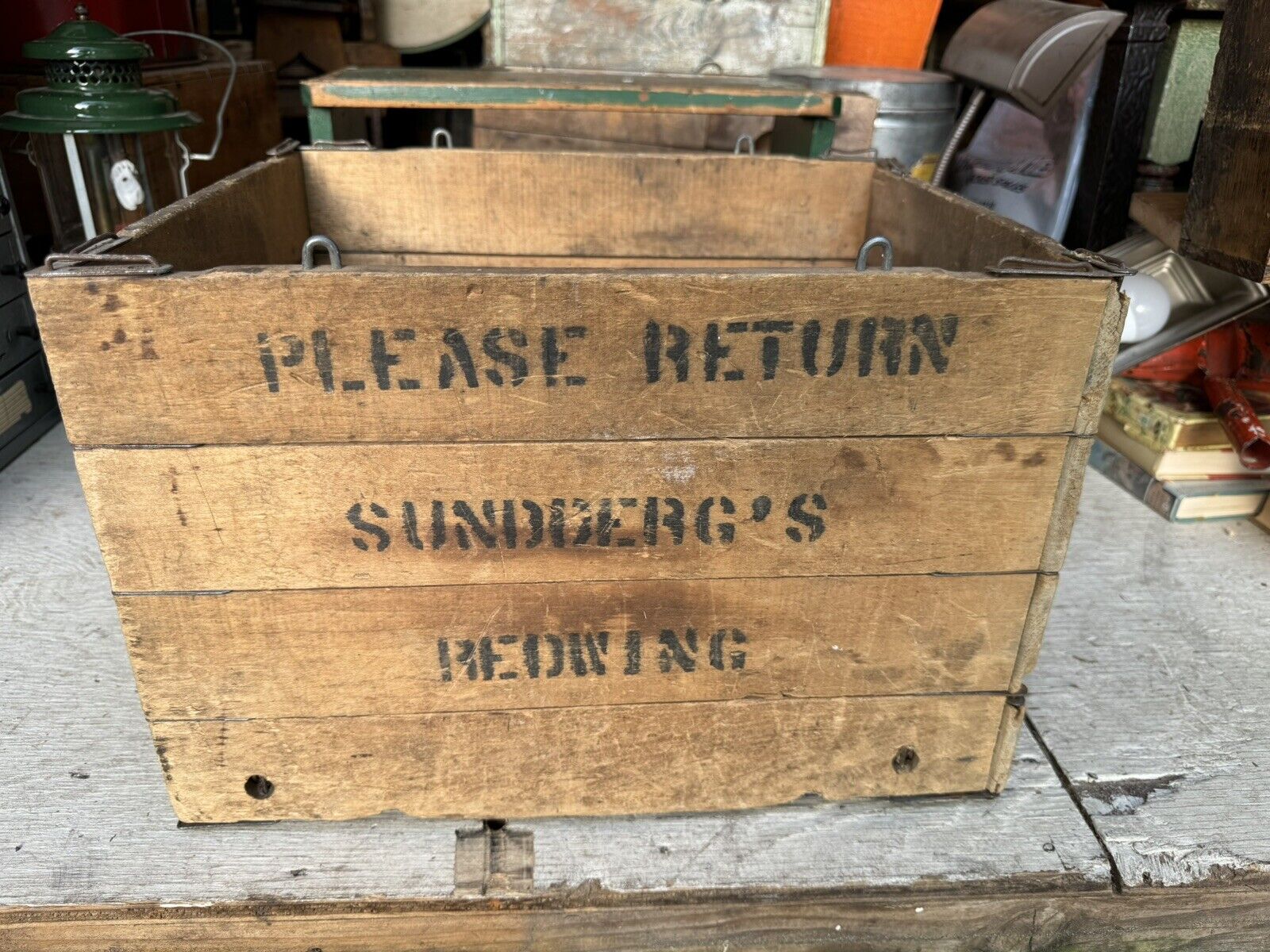 Vintage Wire Sewed Folding Wood Box Sundbergs Redwing Advertising