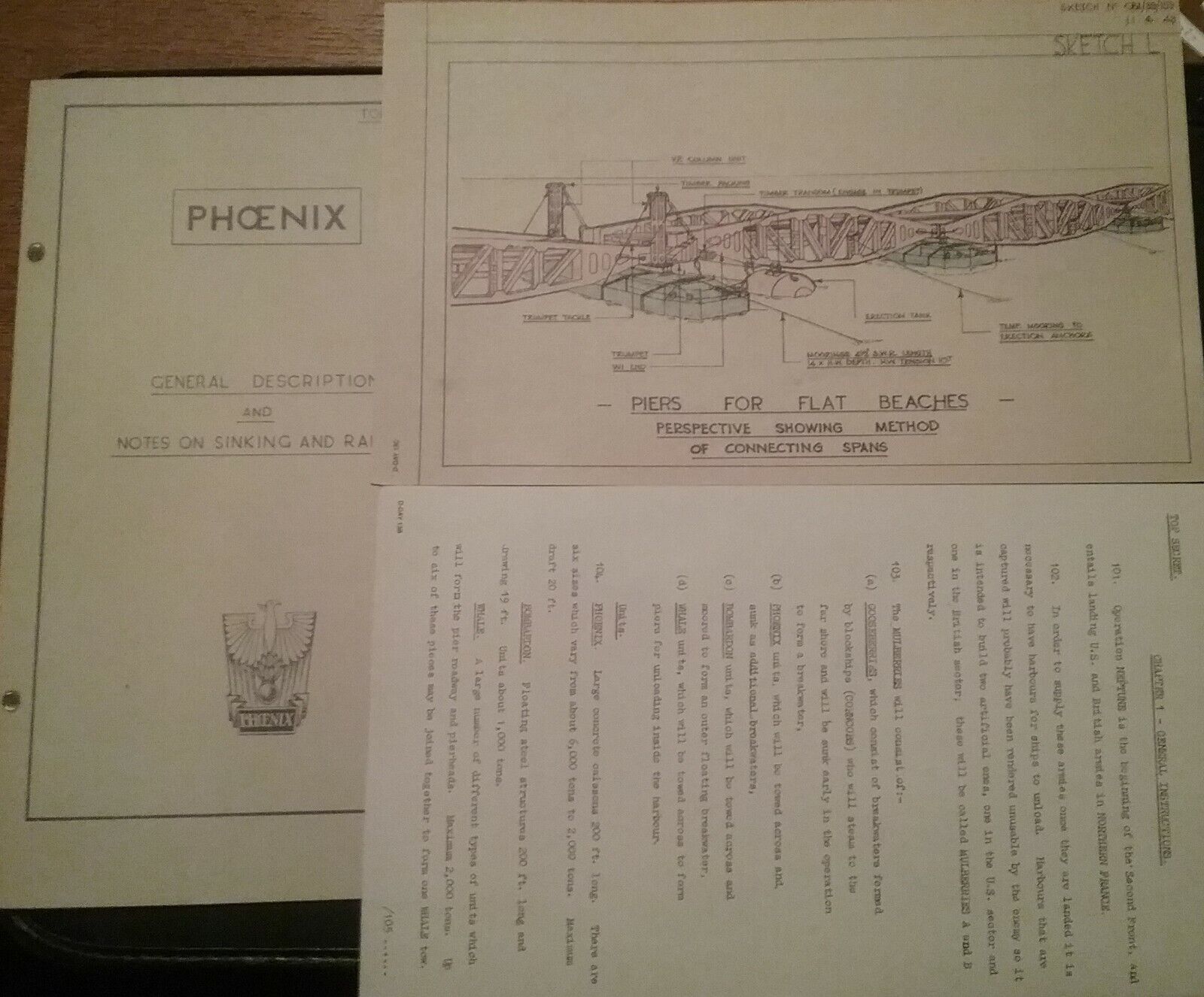 D-DAY TOP SECRET (PHOENIX) ALLIED DOCUMENTS : MULBERRY PIERS , EARLY DRAWINGS