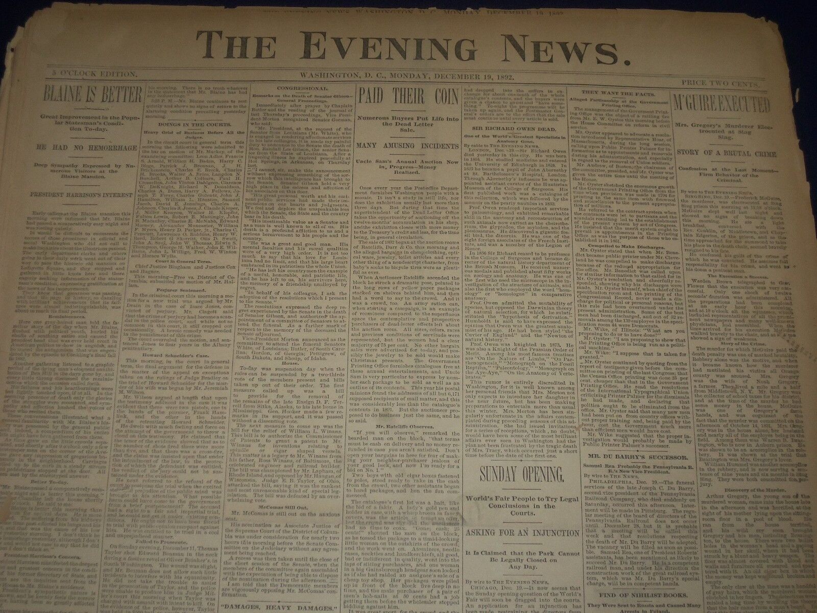 1892 THE EVENING NEWS NEWSPAPER LOT OF 11 ISSUES - WASHINGTON D. C. - UP 43