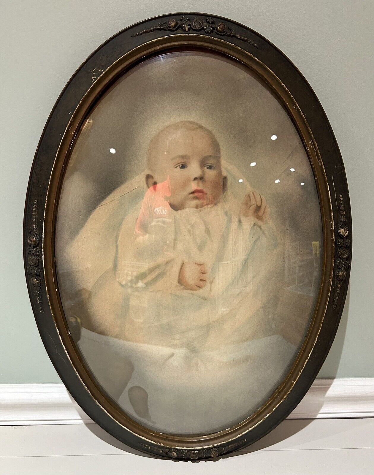 Antique Convex Bubble Glass Picture Frame w/ Baby Photo