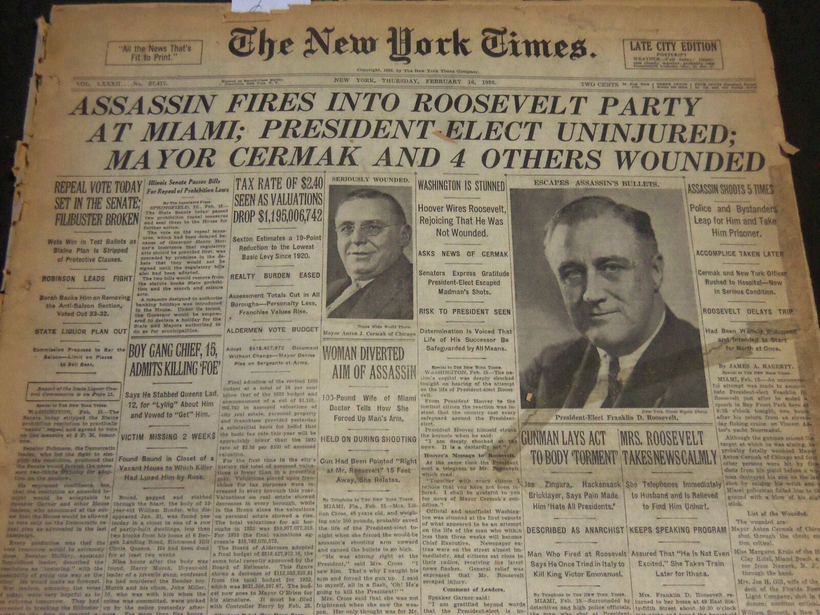 1933 FEBRUARY 16 NEW YORK TIMES - ASSASSIN FIRES INTO ROOSEVELT PARTY - NT 6172