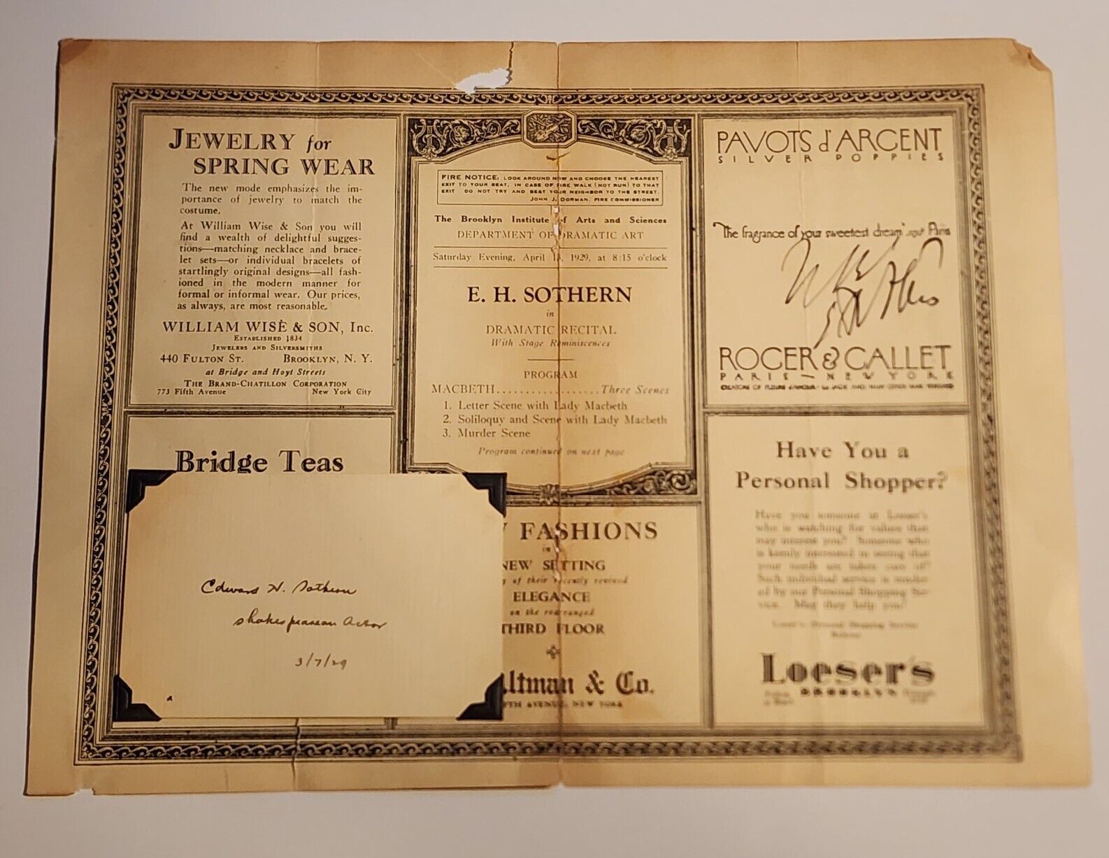 Edward H Sothern Signed 1929 Program Shakespearean Actor Autograph Auto Rare