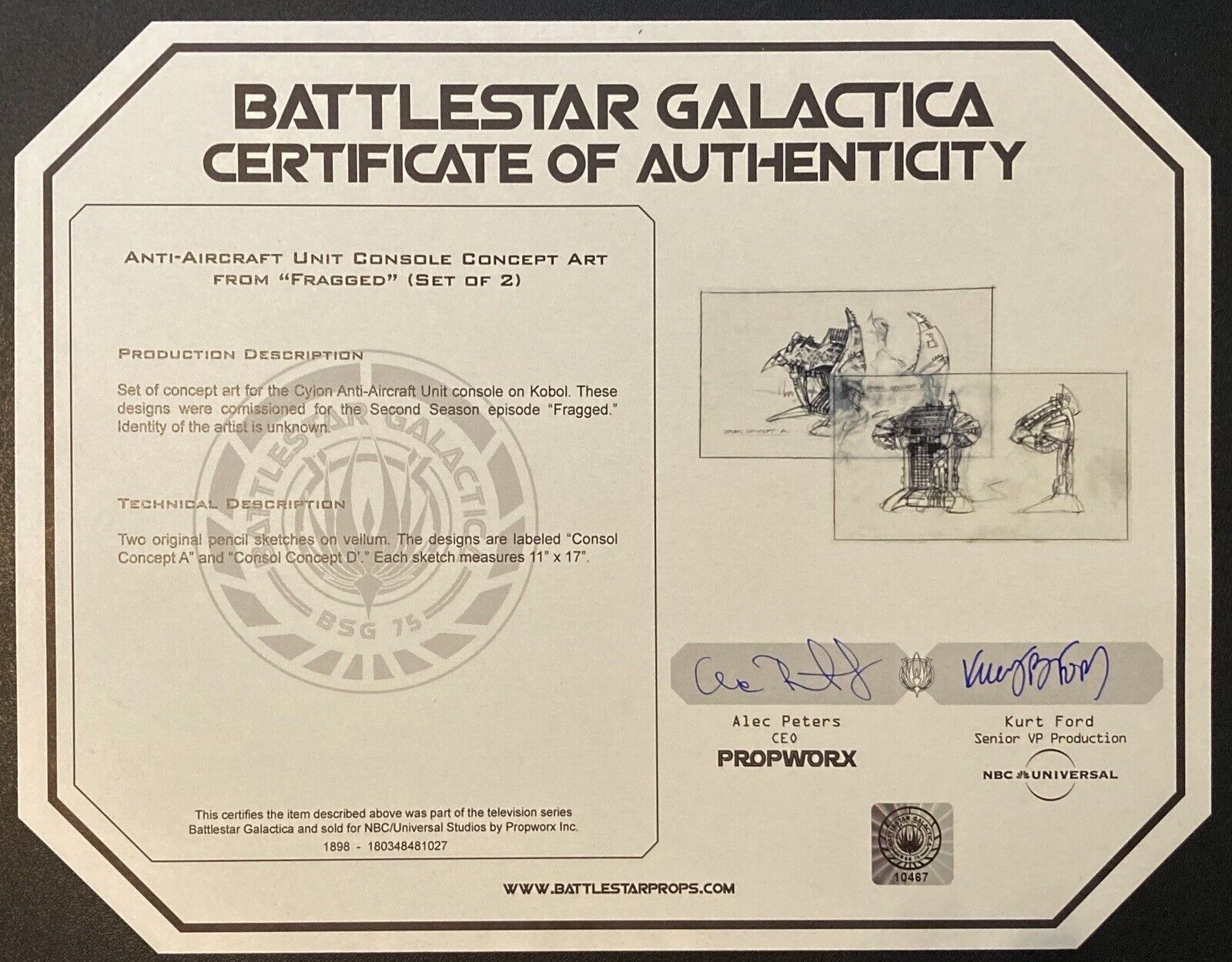 ORIGINAL Battlestar Galactica TV Cylon Console Drawings “Fragged” +Propworx COA