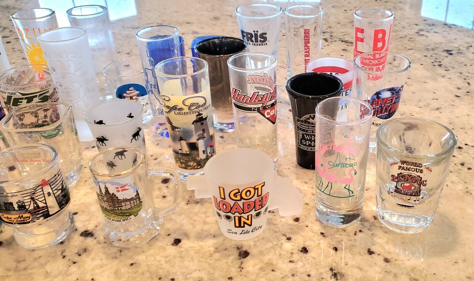 34 SHOT GLASSES FROM AROUND THE WORLD Jets, Red Sox, Alaska, Canada, Italy, New 