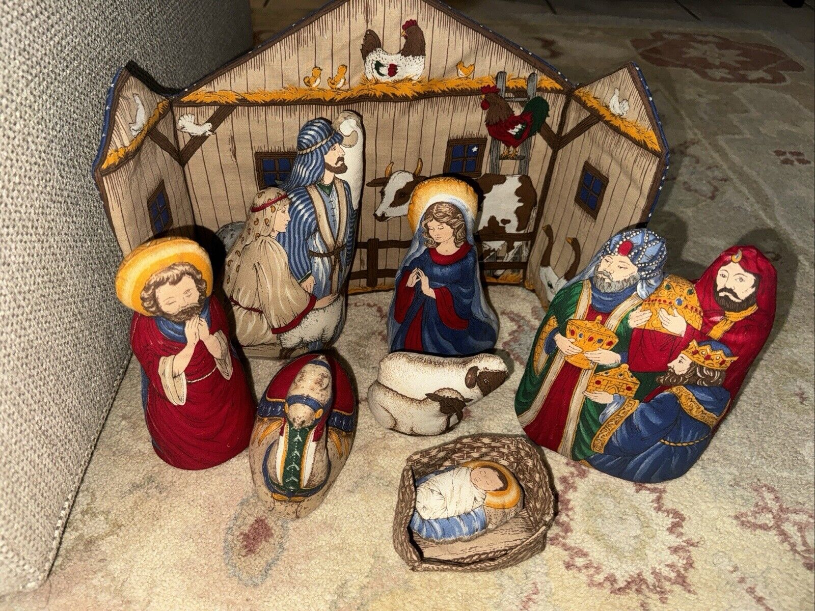 Vintage Handmade Fabric Nativity Set Stuffed Manger Scene Christmas Cradle Hymn 