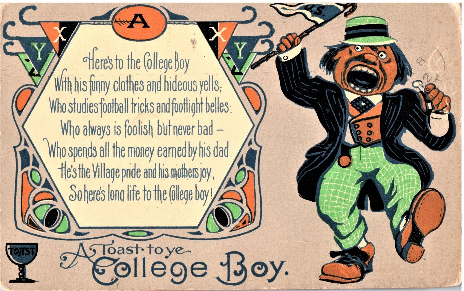 VINTAGE POSTCARD A TOAST TO THE COLLEGE BOY HUMOR MAILED IN 1912