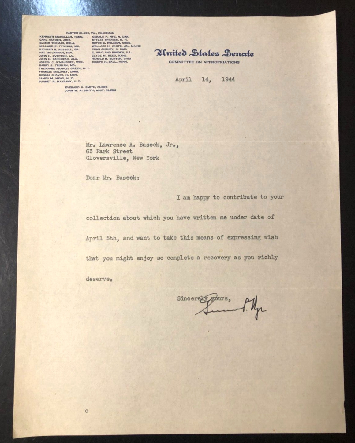 1944 U.S. Senator Gerald P. Nye Signed Letter North Dakota Herbert Hoover