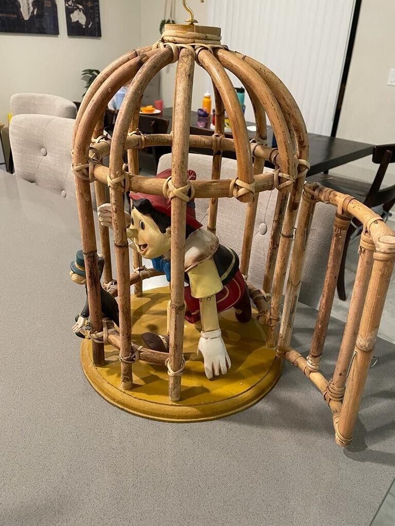 Vintage Rare Walt Disney Pinocchio Jiminy Cricket Bamboo Cage Opens and Hangs