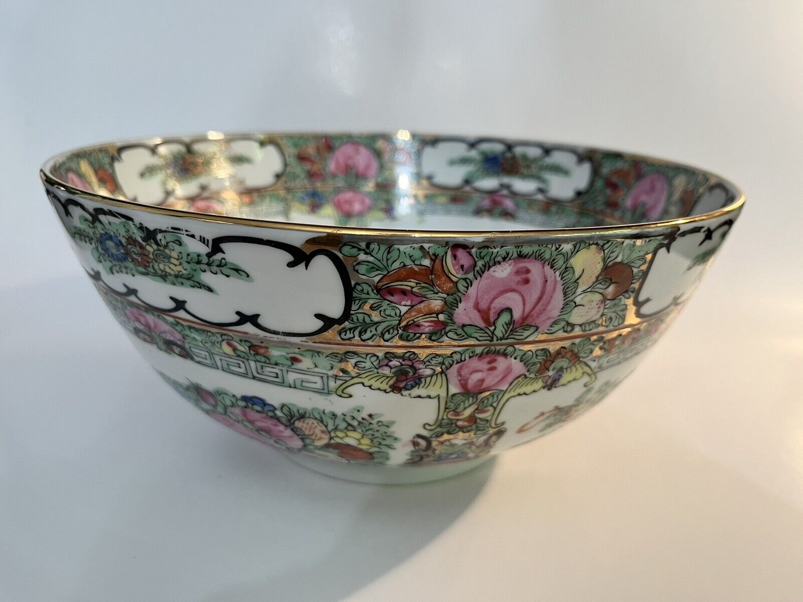 Vintage Japanese Porcelain Ware Hand Painted Bowl Rose Medallion Butterfly Pink