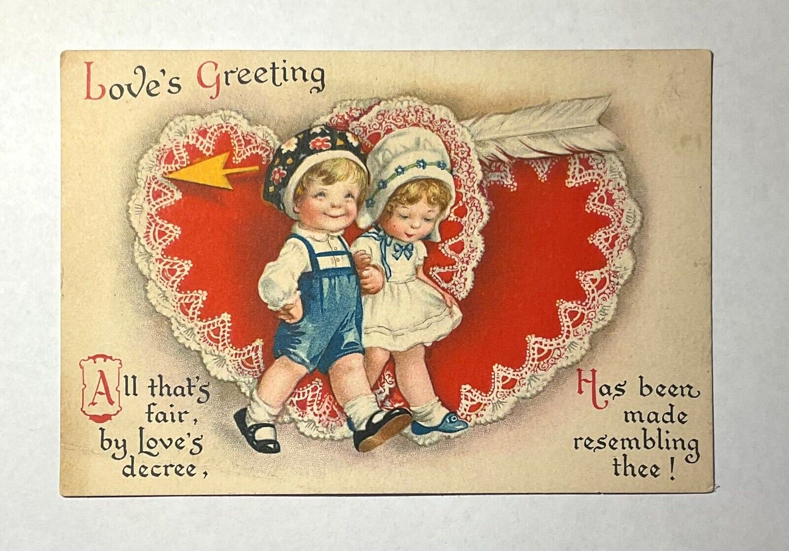 Antique Valentines Day Card Boy & Girl Bonnets ft. Thomas Moore Poem C.1928