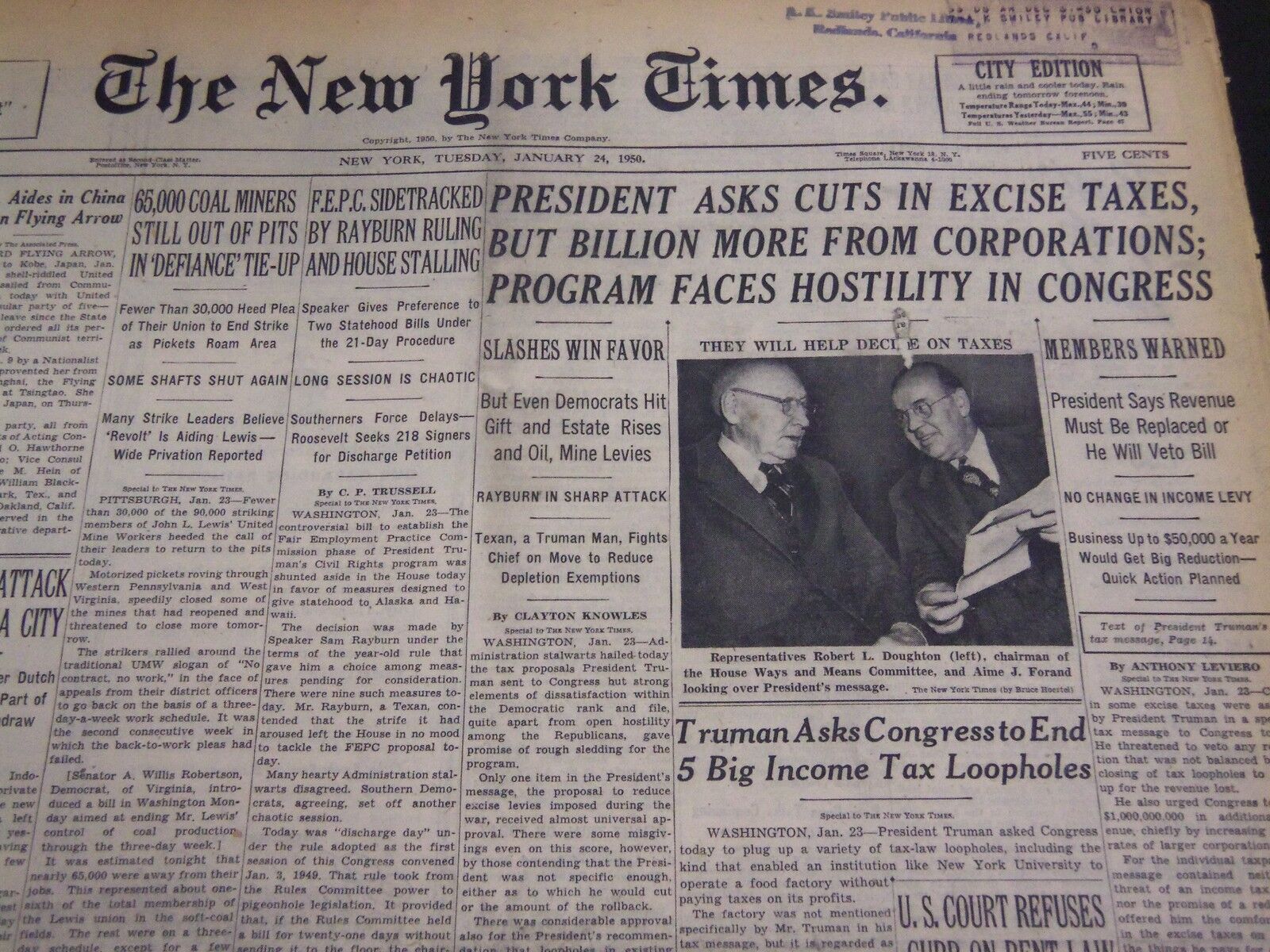 1950 JANUARY 24 NEW YORK TIMES - PRESIDENT ASKS CUTS IN EXCISE TAXES - NT 7180