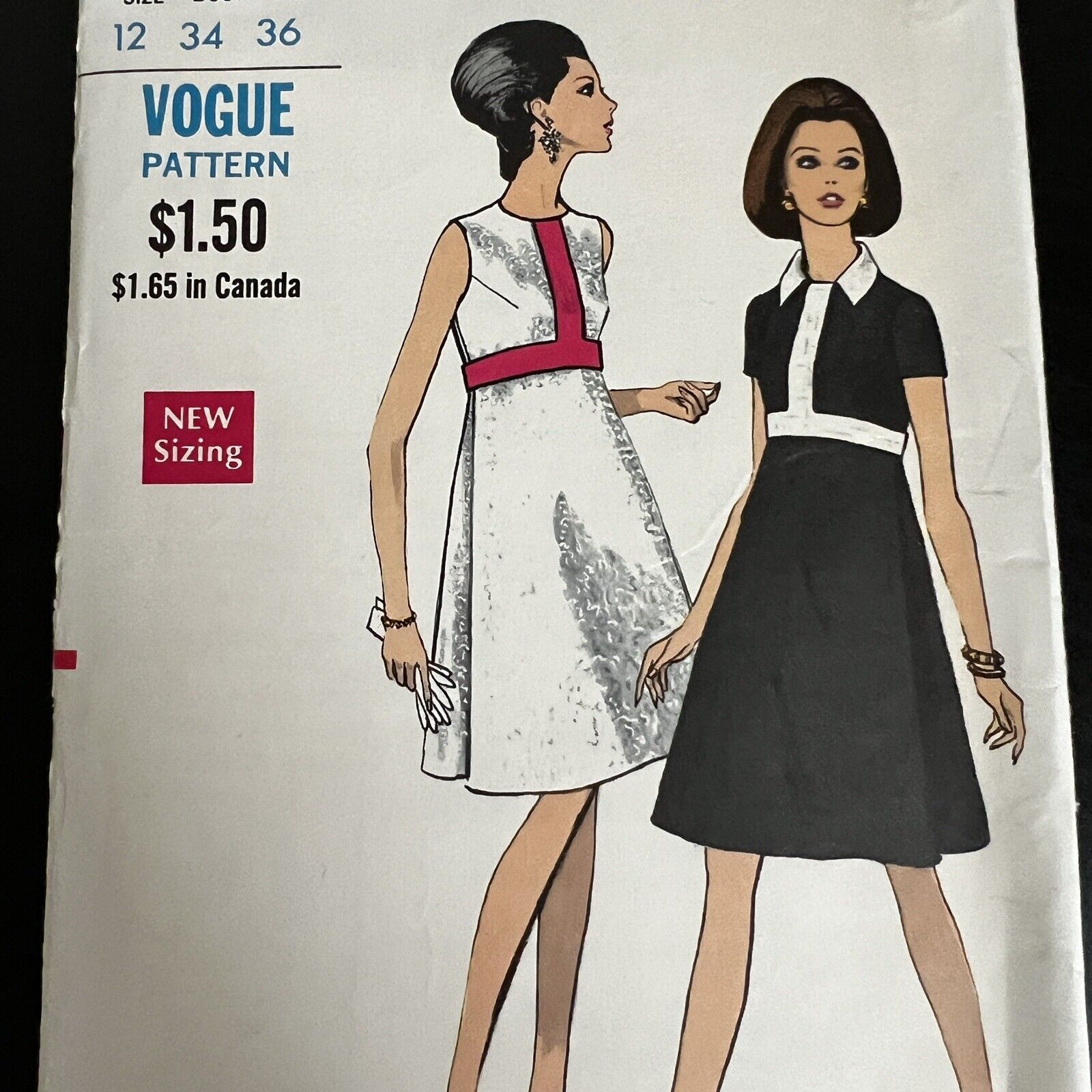 Vintage 1960s Vogue 7298 Mod Side Pleat High Fitted Dress Sewing Pattern 12 CUT