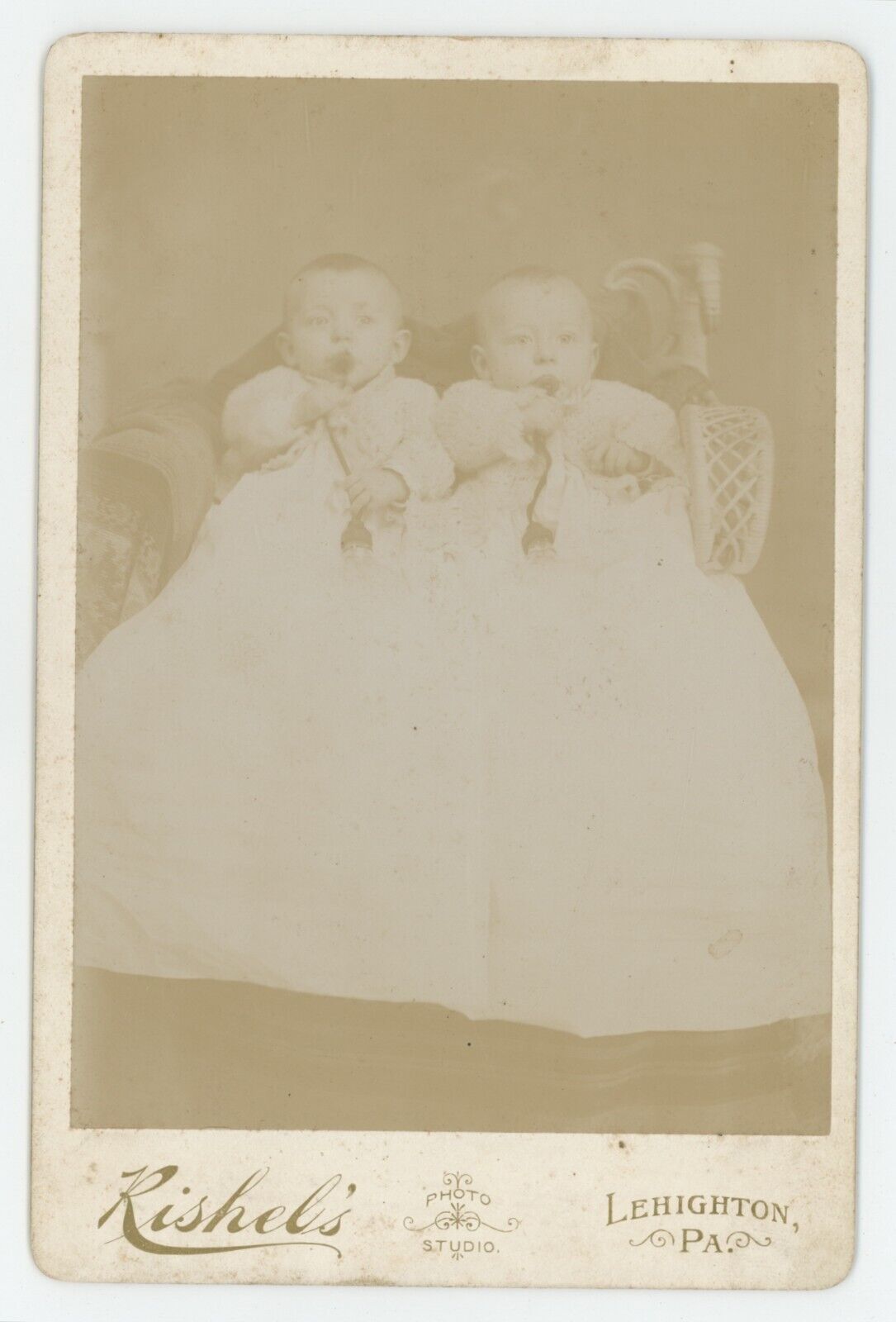 Antique c1880s RARE Cabinet Card Twin Babies With Murder Bottles Leighton, PA