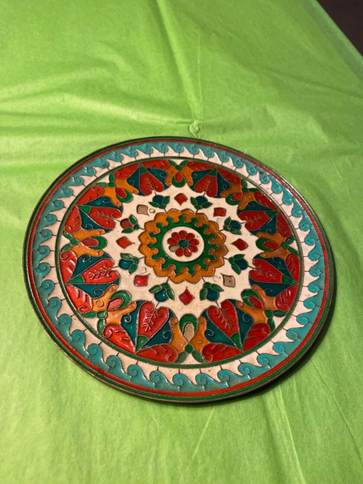 VINTAGE 1970’S HAND MADE IN GREECE COLORFUL BRONZE PLATE 6 1/2”