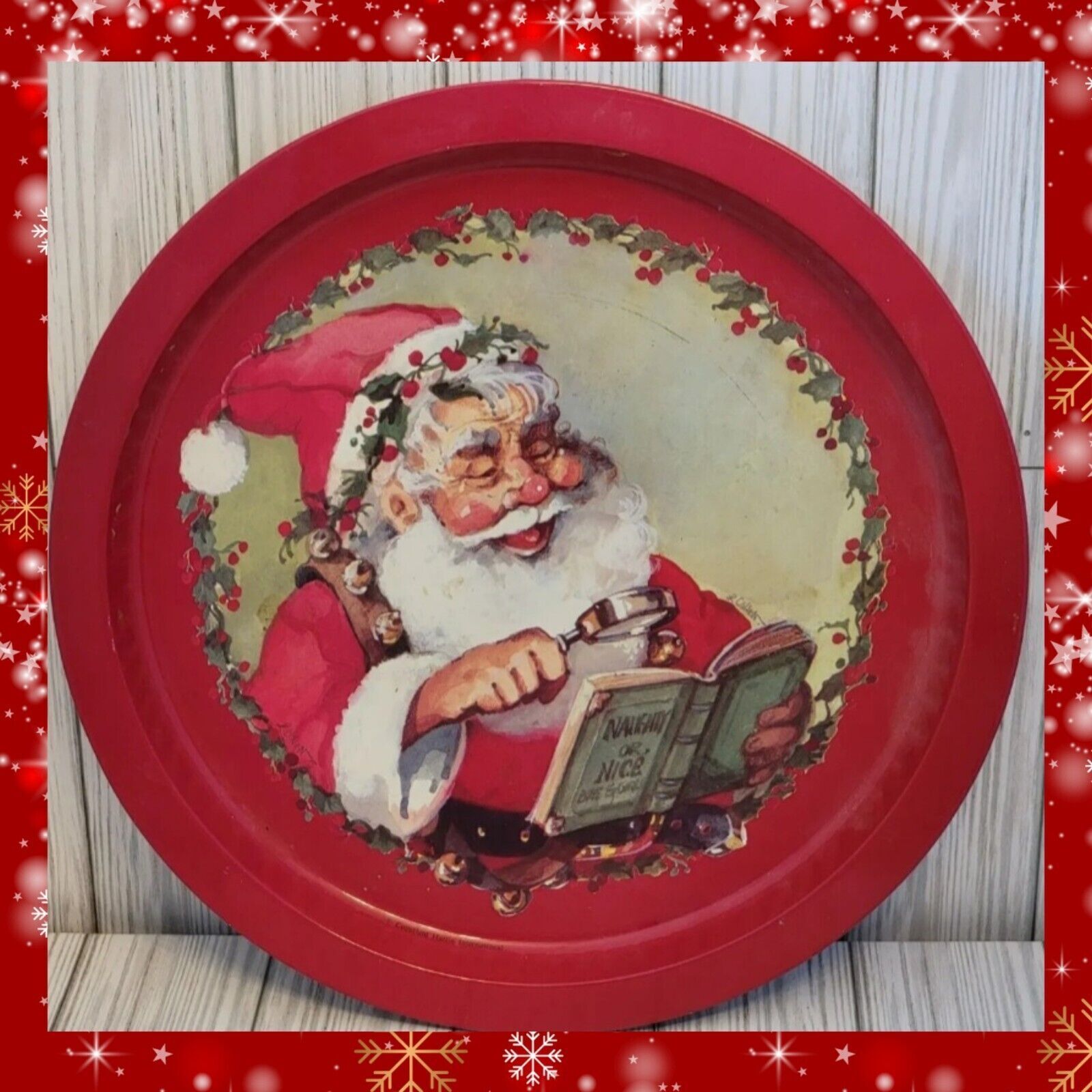 Christmas Santa Claus Vintage Metal 13 Inch Round Tin Tray Holiday Decorations