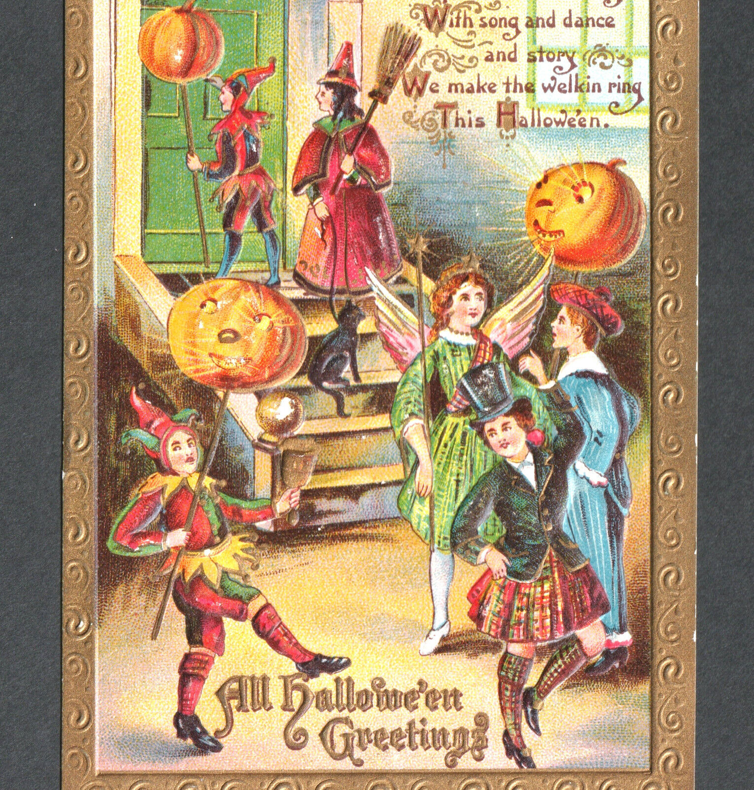 Halloween 1910 Costume Party Witch Fairy Joker Kilt JOL Gottschalk 2171 PostCard